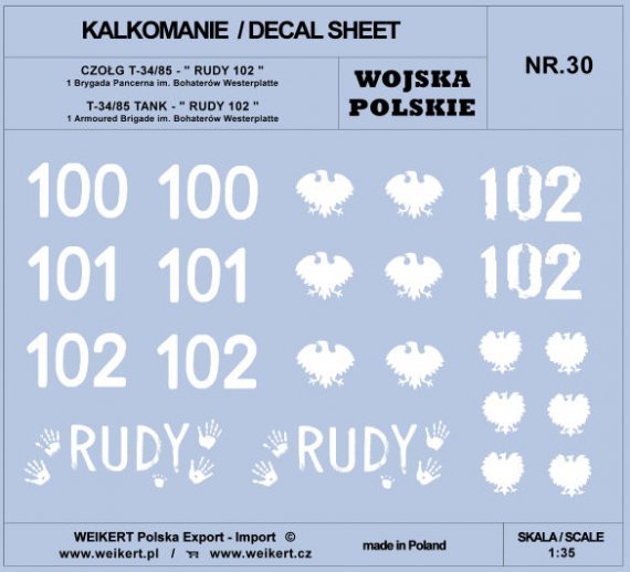 1/35 Polish Army T-34/85 RUDY 102, 1st Arm.Brigade decal