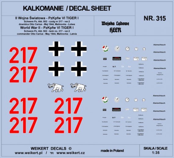 1/35 TIGER I Otto Carius 217 Schw. May 1944 decal