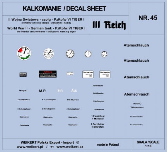 1/16 PzKpfw. VI TIGER I interior tank elements decal