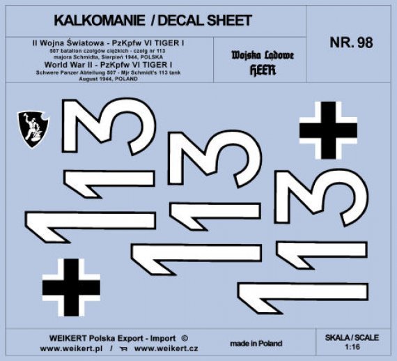 1/16 PzKpfw. VI TIGER I 113 Mjr Schmidt, 1944 decal