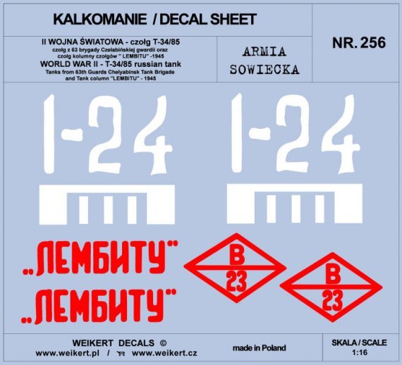 1/16 Russian tank T-34/85 63th Guard Reg. LEMBITU decal