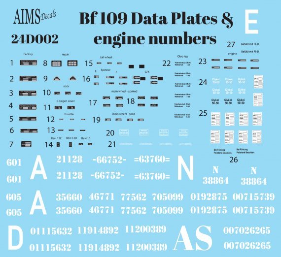 1/24 Messerschmitt Bf-109 Data Plates and engine numbers