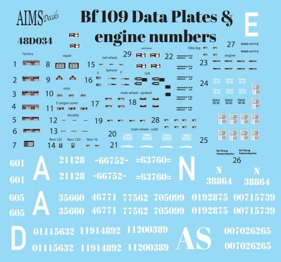 1/48 Messerschmitt Bf-109 data plates and engine numbers