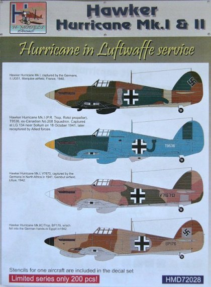 1/72 Decals Hurricane Mk.I/II Luftwaffe (4x camo)