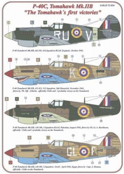 1/72 Decals P-40C, Tomahawk Mk.IIB (4x RAF, USAAF)