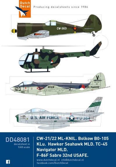1/48 CW-21/22 ML-KNIL, TC-45, Sea Hawk MLD. F-86F Bolkow 105 Klu