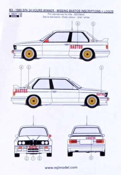 1/24 BMW M3 Winner 1988 Spa 24 hrs BASTOS logo decal