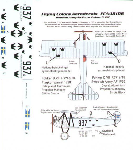 Flying Colors 1/48 Fokker D.VIIIF No 937 Swedish Army Air Force