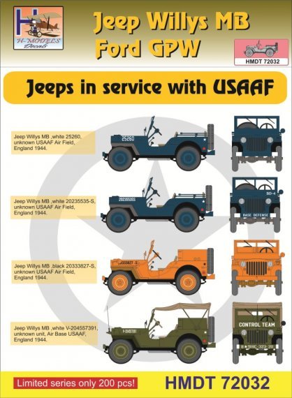 1/72 Decals Jeep Willys MB/Ford GPW in USAAF service