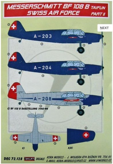 1/72 Decals Bf 108 B Taifun Part II. (Swiss AF)