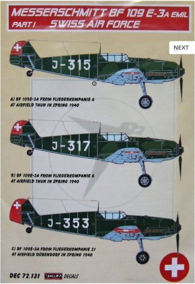 1/72 Decals Bf 109 E-3A Emil Part I (Swiss AF)