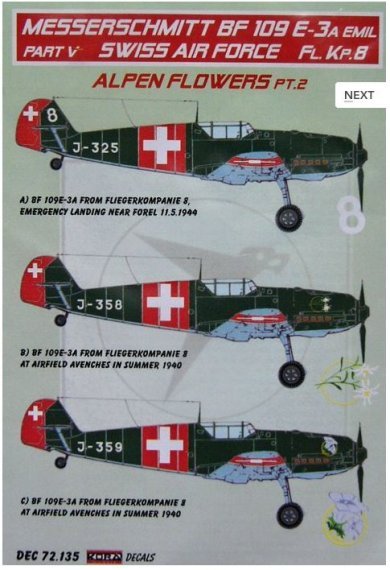 1/72 Decals Bf 109 E-3A Emil Part V (Swiss AF)