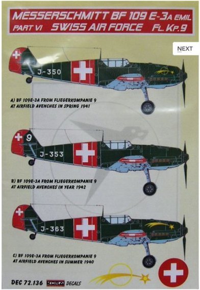 1/72 Decals Bf 109 E-3A Emil Part VI (Swiss AF)