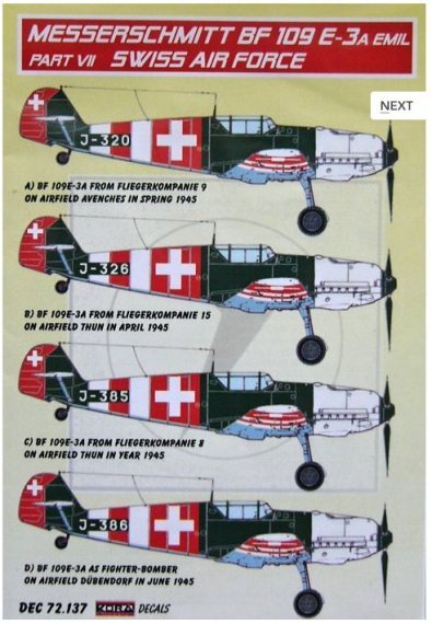 1/72 Decals Bf 109 E-3A Emil Part VII (Swiss AF)