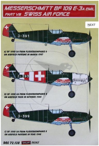 1/72 Decals Bf 109 E-3A Emil Part VIII (Swiss AF)