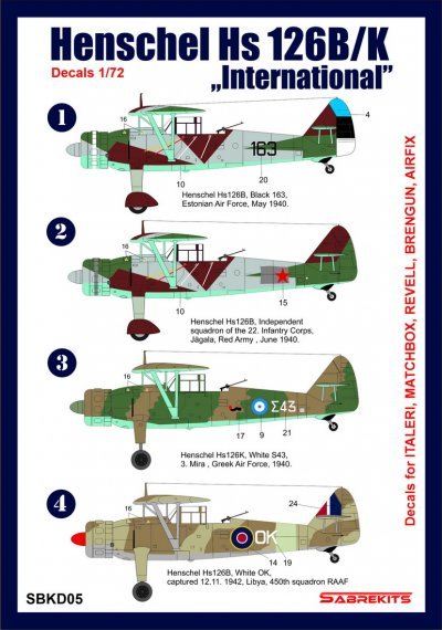 Hs-126B/K International 1/72 Decals Estonia URSS Gr�ce RAF