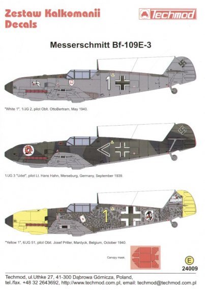 Techmod Bf-109E-3 Decals 1/24 with Canopy Mask