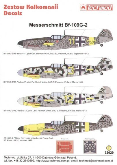 Techmod Bf-109G-2 Decals 1/32 with Canopy Mask