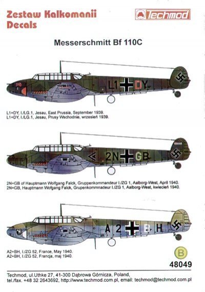 Techmod Decalcomanie Bf-110C Messerschmitt 1/48
