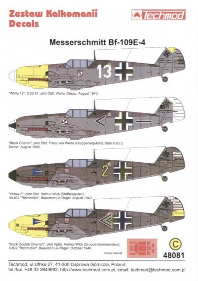 Techmod Decalcomanie Bf-109E-4 1/48 con mascherina