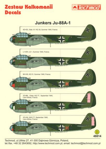 Techmod D�calcomanies Ju-88A-1 1/48 France 1940