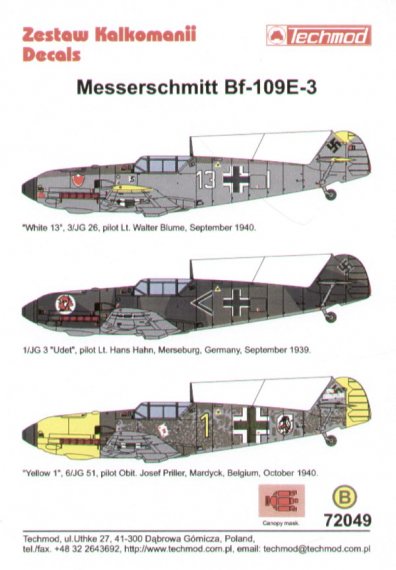 Techmod D�calcomanies Bf-109E-3 1/72 + Masque