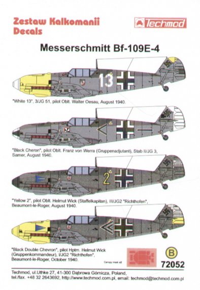 Techmod D�calcomanies Bf-109E-4 1/72 avec Masque
