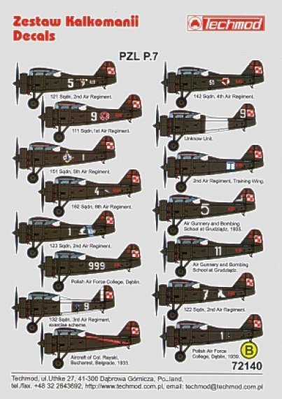 Techmod TM72140 D�calcomanies PZL P.7a 1/72