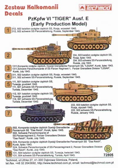 Techmod D�calcomanies Tiger Ausf.E Early 1/72