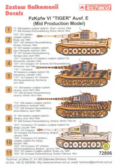Techmod D�calcomanies Tiger Ausf.E Mid Production 1/72