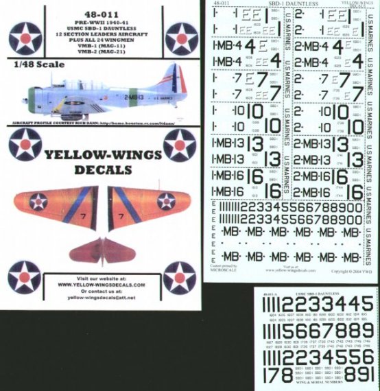 Yellow Wings D�calcomanies SBD-1 Dauntless USMC 1/48