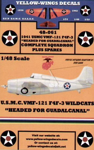 Yellow Wings Decals F4F-3 Wildcat VMF-121 1/48